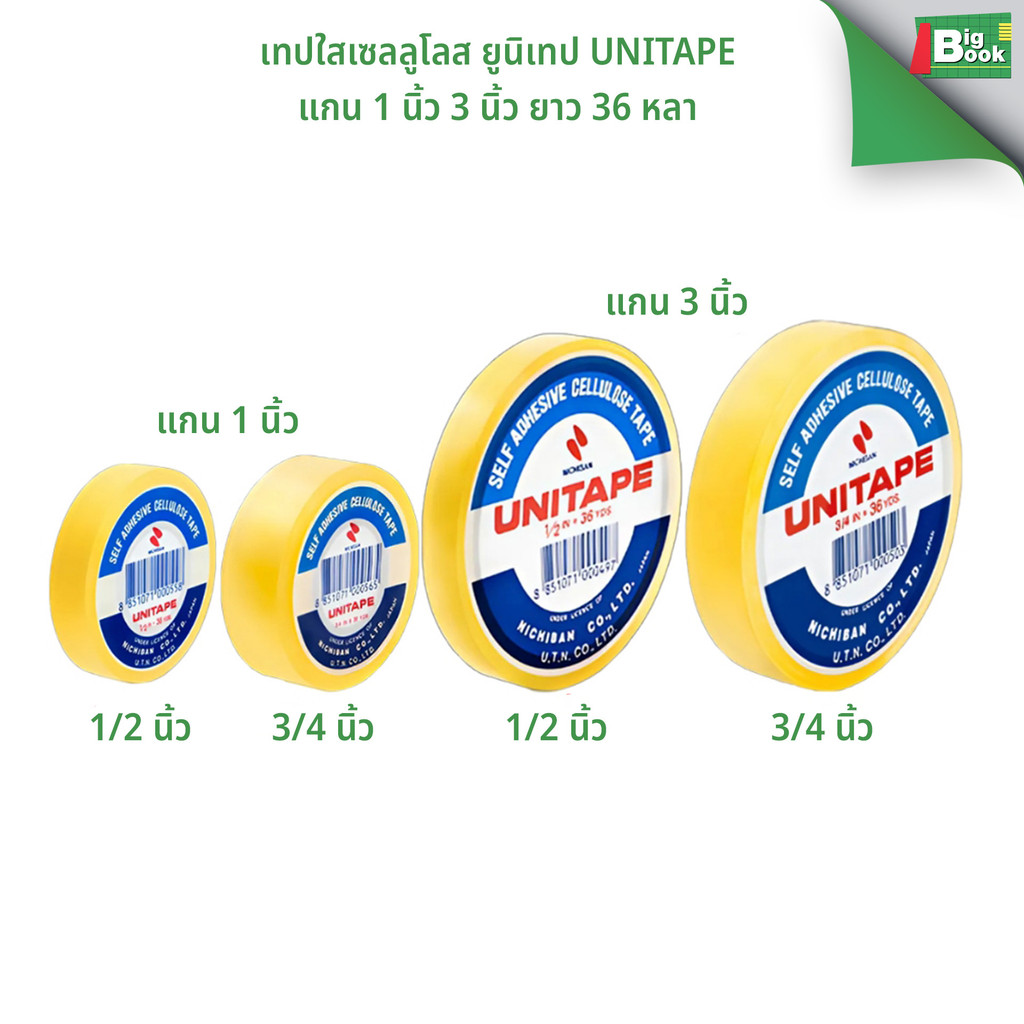 เทปใสเซลลูโลส ยูนิเทป UNITAPE แกน 1 นิ้ว 3 นิ้ว ยาว 36 หลา พร้อมส่ง