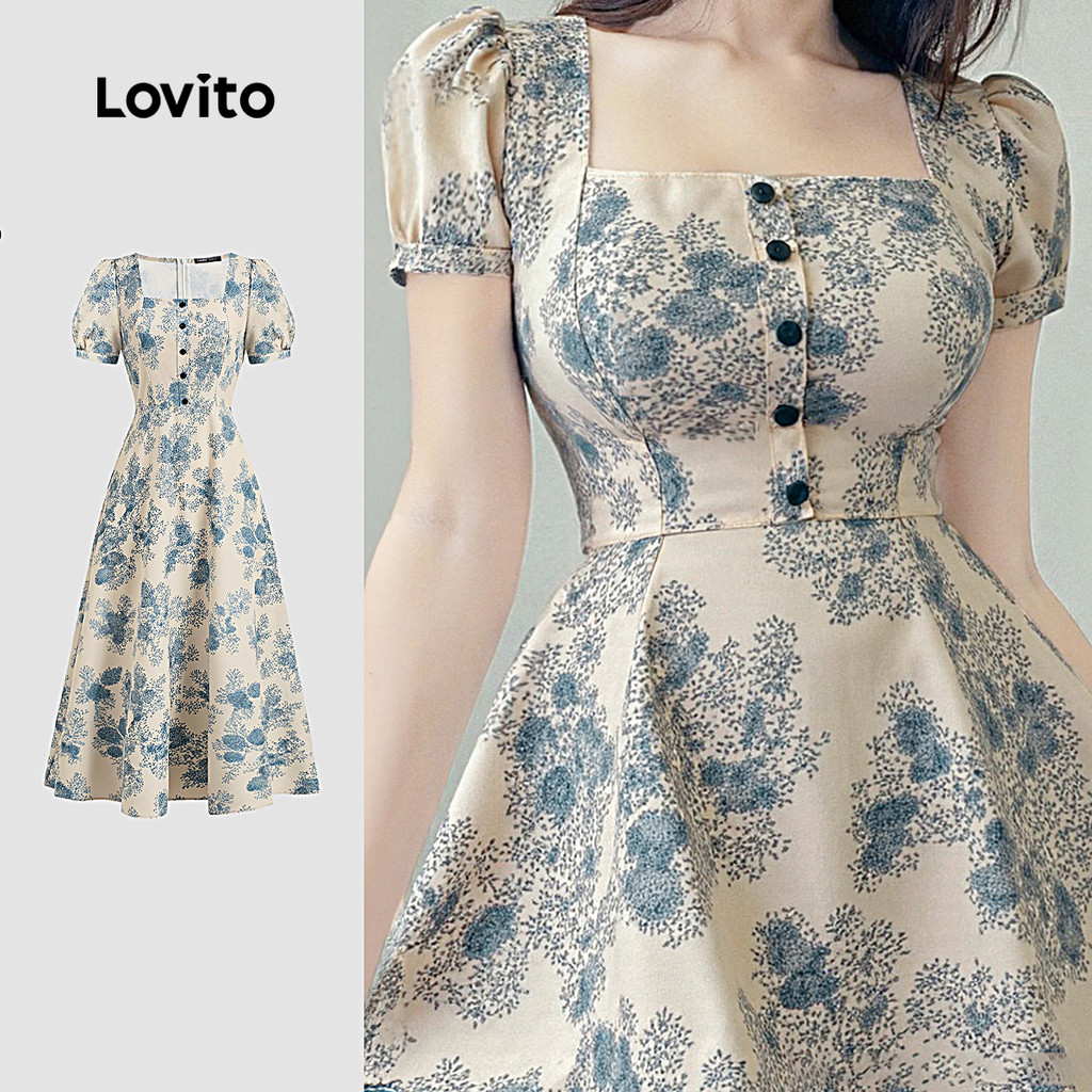 Lovito ชุดเดรสโบฮ์ปุ่ม ปุ่มด้านหน้า โครงสร้างเส้นสาย ฤดูใบไม้ผลิ/ฤดูร้อน สีน้ำเงิน L142ED161
