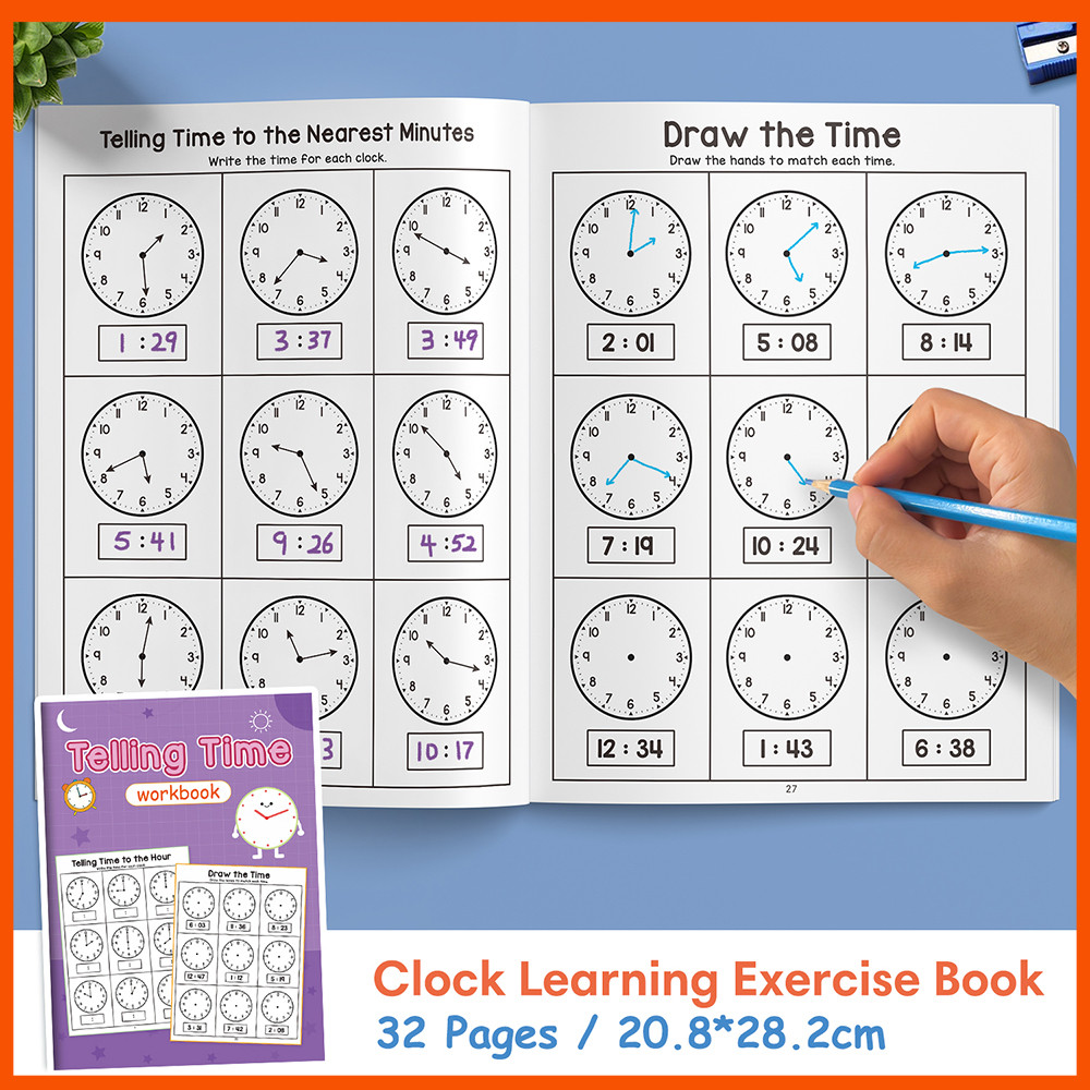 32 หน้า Telling Time Workbook หนังสือฝึกการศึกษาสําหรับเด็กนาฬิกาการเรียนรู้ Worksheats หนังสือกิจกรรมสําหรับเด็กเขียนและวาดเวลาหนังสือออกกําลังกาย