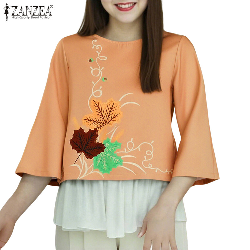 ZANZEA ท็อปส์ผู้หญิง สไตล์เกาหลีย้อนยุค พิมพ์ลายดอกไม้ แขน3/4 เหมาะสำหรับใส่ในหล