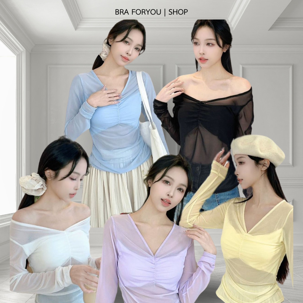 เสื้อแขนยาวซีทรูสวยหรูดูแพง เซ็กซี่เบาๆ ผ้ายืดตามตัวยืดได้เยอะ มีบราในตัว ใส่สวยมาก L280 WOMEN ฟรีไซส์ ขนาดอก 32-38"