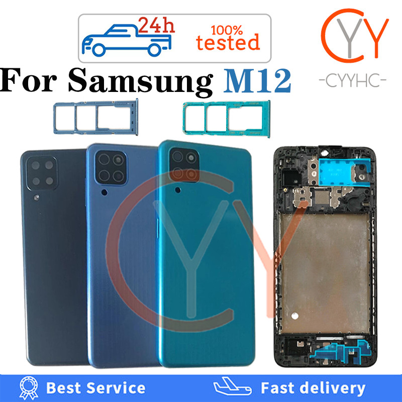 สําหรับ Samsung Galaxy M12 M127 ฝาหลังแบตเตอรี่ปุ่มปรับระดับเสียงปิดปุ่มเปิดปิดฝาครอบแบตเตอรี่ประตูด้านหลัง + กรอบด้านหน้า LCD + ถาดซิมเปลี่ยนการ์ด