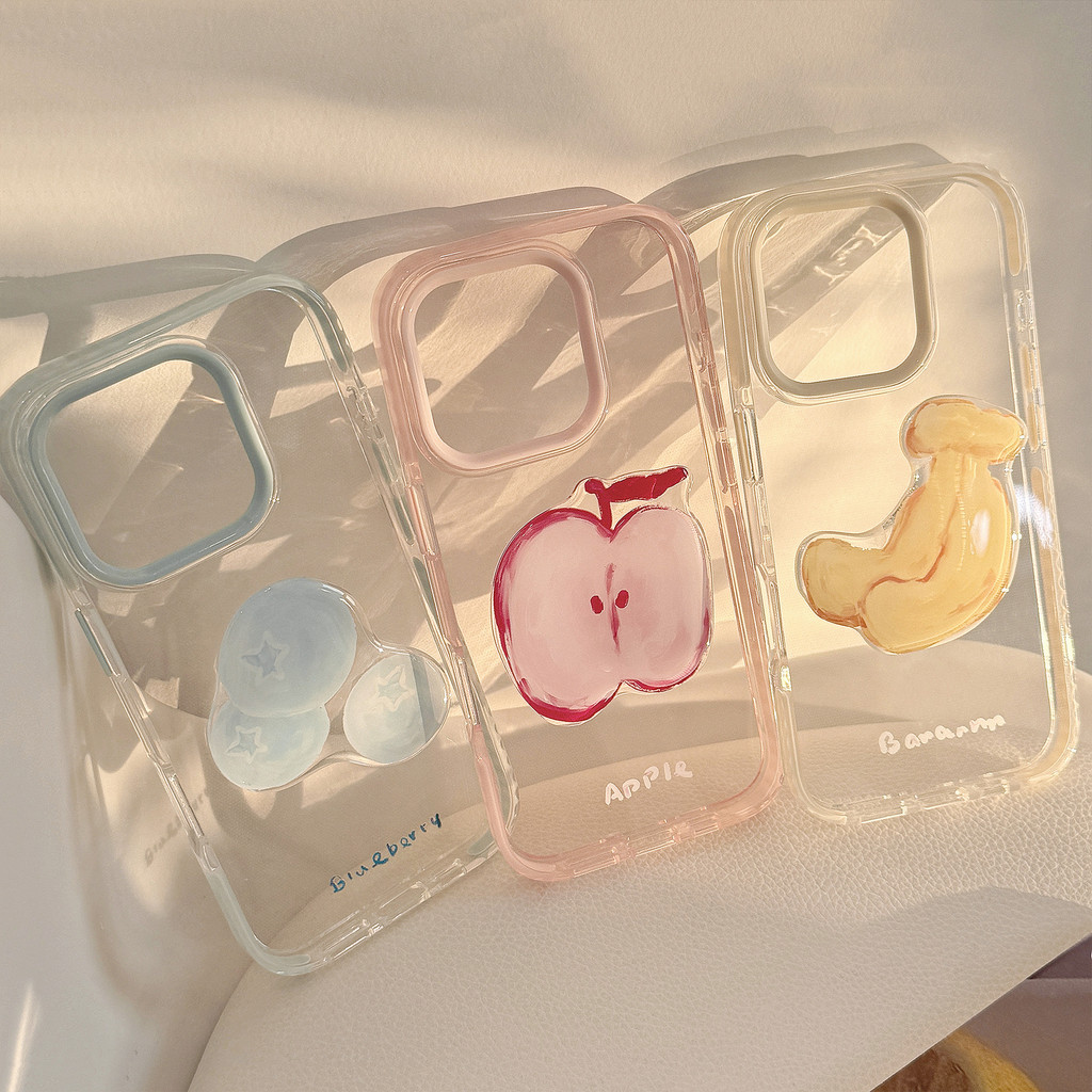 โปร่งใสสีขาวสีฟ้าสีชมพูกรอบสามมิติผลไม้ขาตั้ง TPU สําหรับ Apple iPhone11 12 13 14 15 16Pro Max