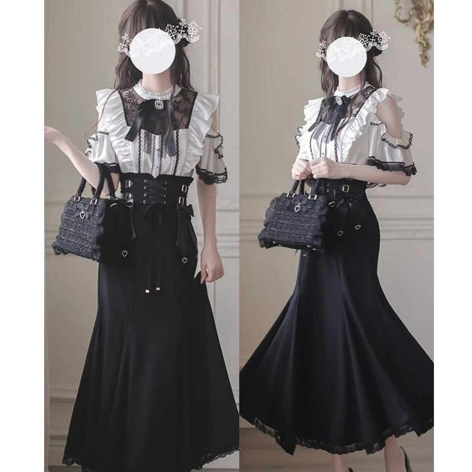ชุดสองชิ้น Lolita สไตล์ Mandalmine Jirai Kei ลายลูกไม้ ปิดไหล่ เอวสูง สีดำและสีขาว