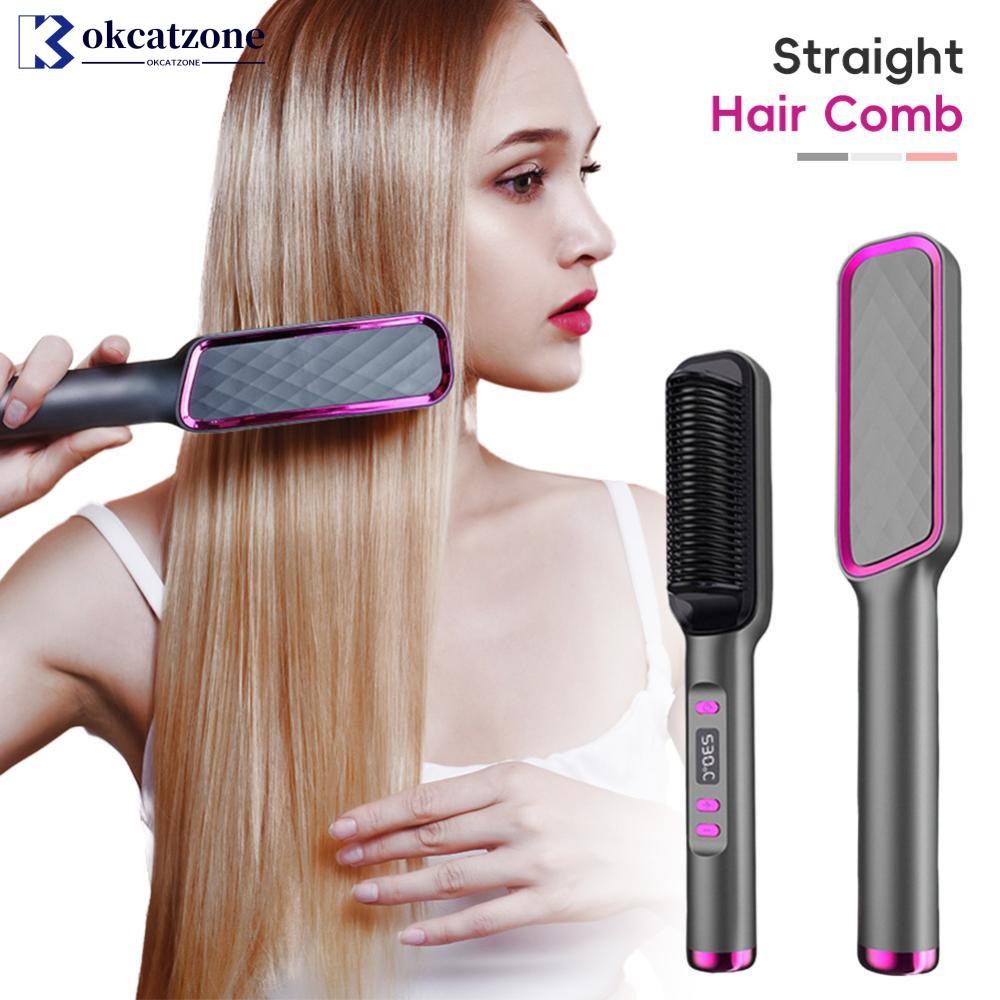 OKCATZONE EU/US/UK/AU ปลั๊กไอออนลบผม Straightener แปรง 2-in-1 Anti-ชํารุด Ionic Hair Styler ความร้อน