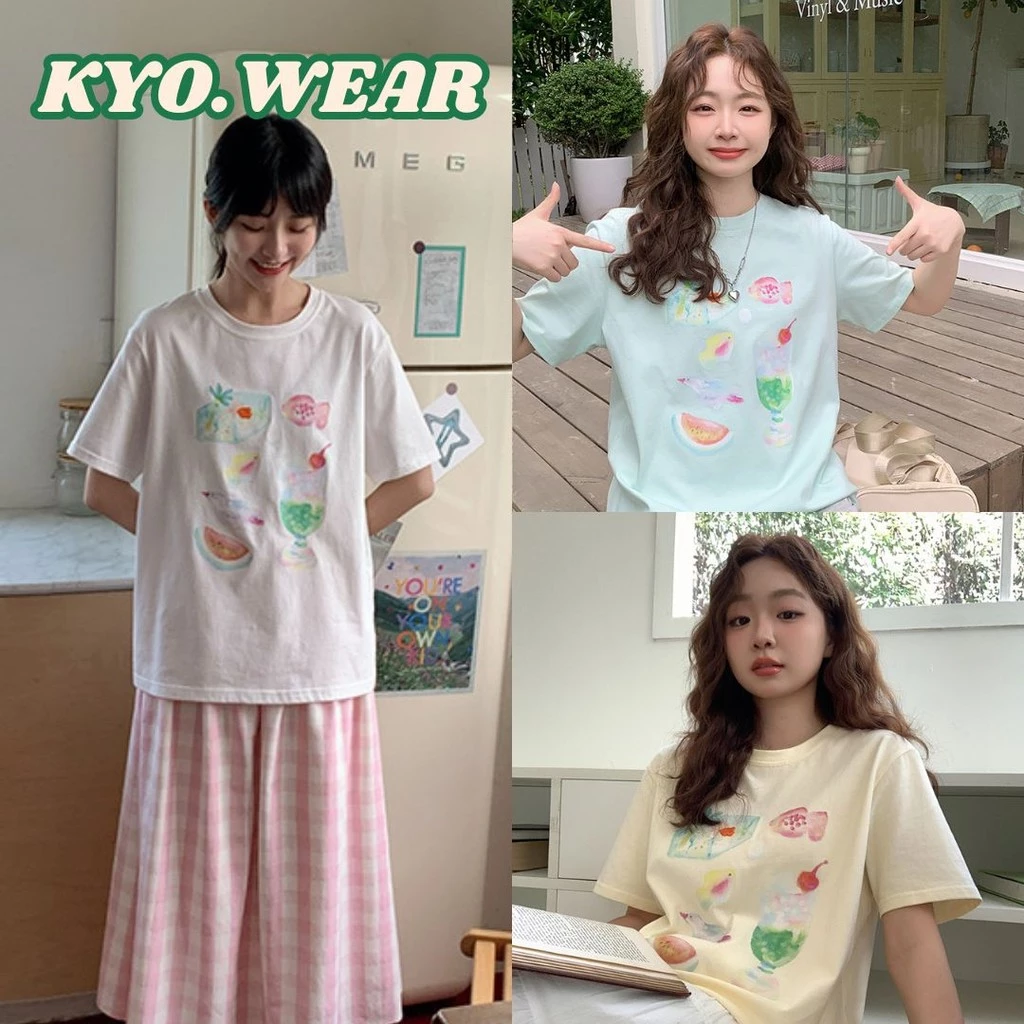 KYO 🍨 เสื้อยืดสตรีไซส์ใหญ่ คอกลม สไตล์เกาหลี Cotton 100% ผ้านุ่มใส่สบาย ใส่ได้ทุกโอกาส "ice cube drink"【COD】