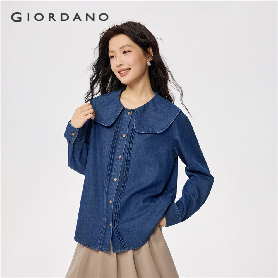 GIORDANO WOMEN 100% Cotton doll collar long sleeve denim shirt 13345864