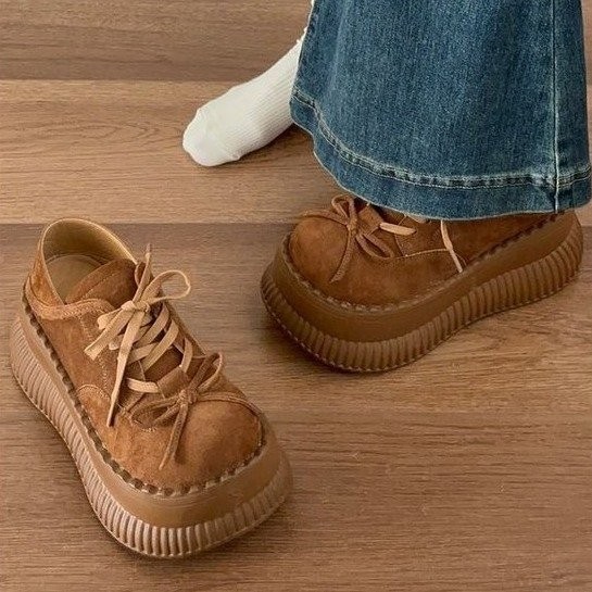 รองเท้า Soled Lace-Up Oxford สไตล์เกาหลี หนา รอบนิ้วเท้า ลาย Retro กันลื่น สำหรั