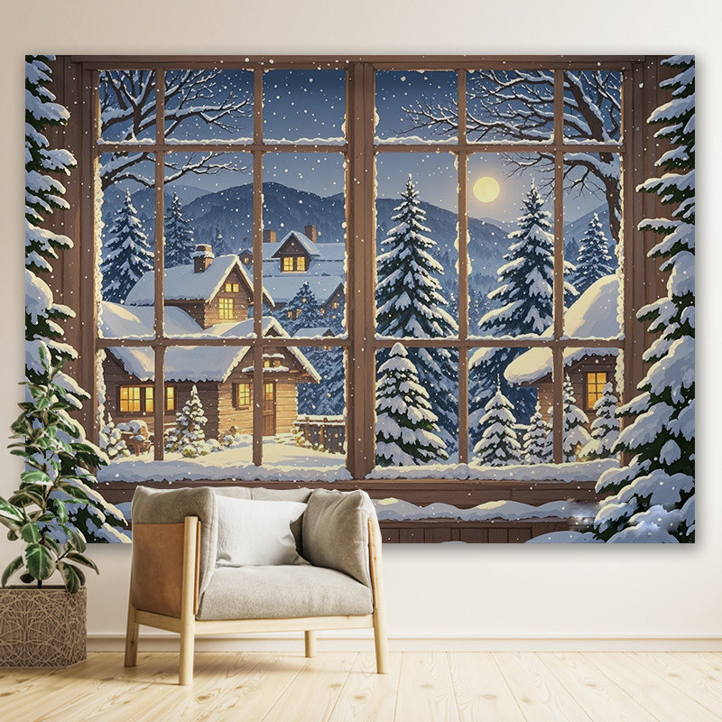คริสต์มาสทิวทัศน์หิมะหน้าต่างพื้นหลังผ้าบรรยากาศวันหยุดแต่งตัวพรมห้องห้องนั่งเล่นผนังปกน่าเกลียดผ้าสดผ้าใบ
