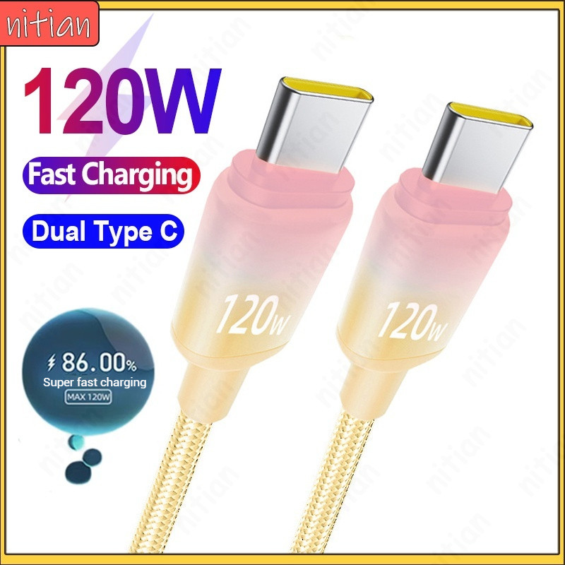 6A ประเภท C ถึง Type C สายชาร์จเร็วไล่ระดับสีลวดที่มีสีสัน 120W Super Fast Charger ข้อมูลสายไนลอนถักสาย Data Sync สายชาร์จสําหรับ IOS/Type C