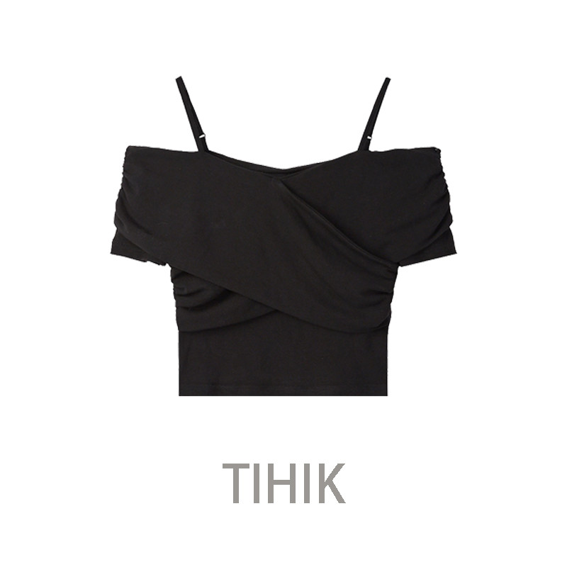 TIHIK เสื้อแขนกุด เสื้อครอป เกาะอก ปาดไหล่ ไหล่เซ็กซี่ผู้หญิง  เสื้อครอปปาดไหล่ เสื้อยืดแขนสั้น สาวร้อน Slim Fit Top KU-HW00250