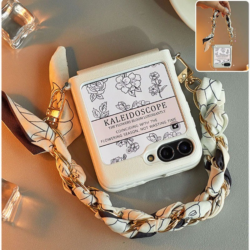 หรูหราสีขาวหนังสําหรับ Samsung Galaxy Z Flip 7 Z Flip 6 Z Flip 5 Z Flip 4 Camellia ผ้าพันคอผ้าไหมสาย