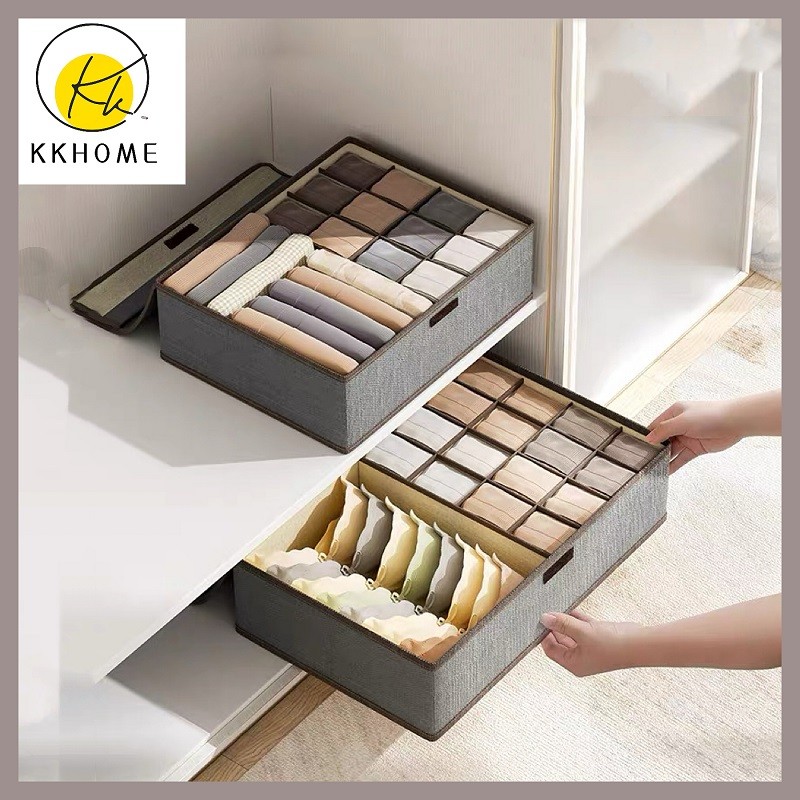 KKHOME กล่องใส่ของแบบมีฝาปิด กล่องใส่ผ้า กล่องผ้าอเนกประสงค์ หลายช่อง เก็บชุดชั้นใน ถุงเท้า พับได้