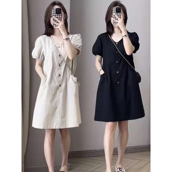 กางเกงขาบานสไตล์ฝรั่งเศส vynn official ชุดเดรสคอวีกระดุมแถวเดียวสไตล์เกาหลีสำหรับผู้หญิงกระโปรงยาวปา