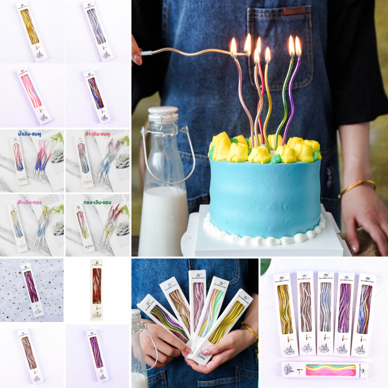 พร้อมส่ง เทียนวันเกิดเรนโบว์ทรงเกลียว เทียนวันเกิด สีเมทาลิค สีมุก สีพาสเทล