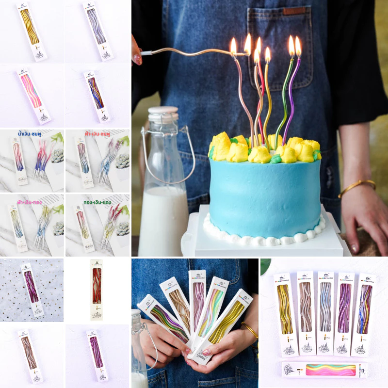 🛒พร้อมส่ง🇹🇭🇹🇭🛒เทียนวันเกิดเรนโบว์ทรงเกลียว เทียนวันเกิด สีเมทาลิค สีมุก สีพาสเทล