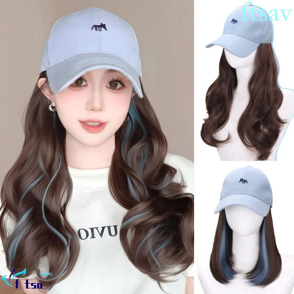 หมวกเบสบอลพร้อมวิกผม ออกแบบสำหรับการใช้งานกลางแจ้ง วัสดุระบายอากาศดี มีไฮไลท์สีฟ้า