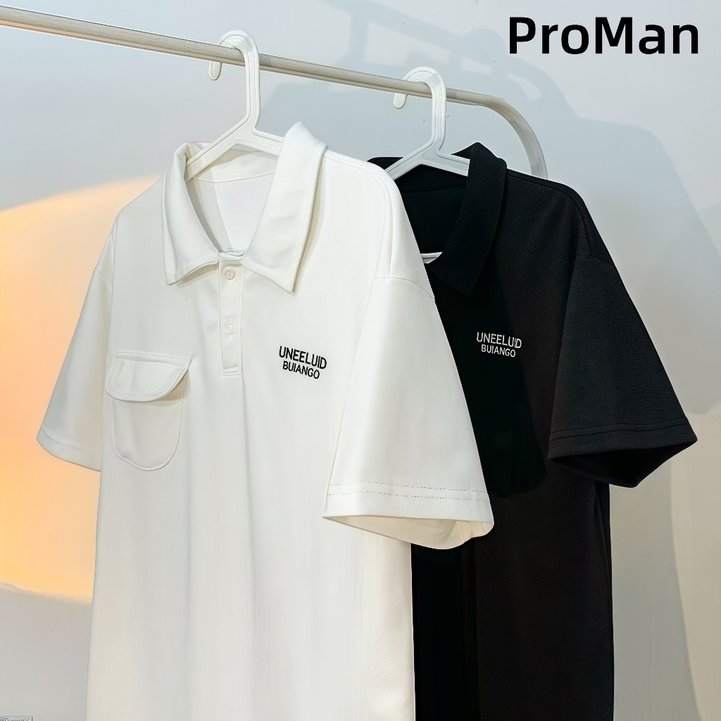 ProMan-แขนสั้นคอปกหนักสำหรับผู้ชาย เสื้อโปโล พิมพ์ลาย กระเป๋า ลำลอง แมทช์ลุคง่าย