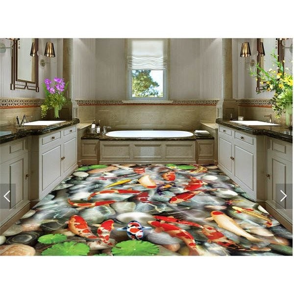 BZ Goldfish BZ-0103D สติกเกอร์ชั้นการพิมพ์ห้องน้ําสติกเกอร์พื้นปลาทอง Lotus Pond Pebble FR7F