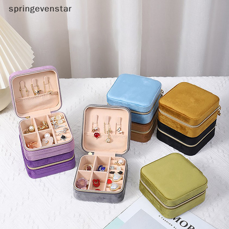 Springevenstar กล่องเครื่องประดับกํามะหยี่เดินทางแบบพกพา Flannel Square Zipper สไตล์ Jewellery Storage Case แฟชั่นผู้ถือของขวัญแหวนผู้ถือต่างหู Springevenstar