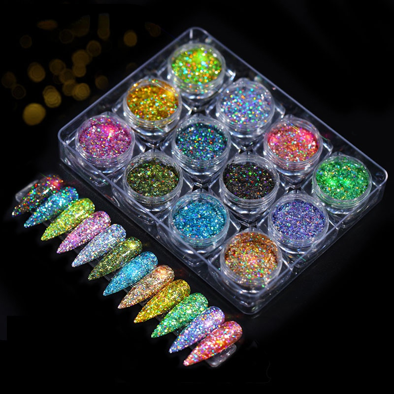 12 กล่อง Sparkly เล็บเลื่อม 3D หกเหลี่ยมที่มีสีสันเล็บ Flakes เปลี่ยนผง Glitter พราว Charm ตกแต่งเล็บ