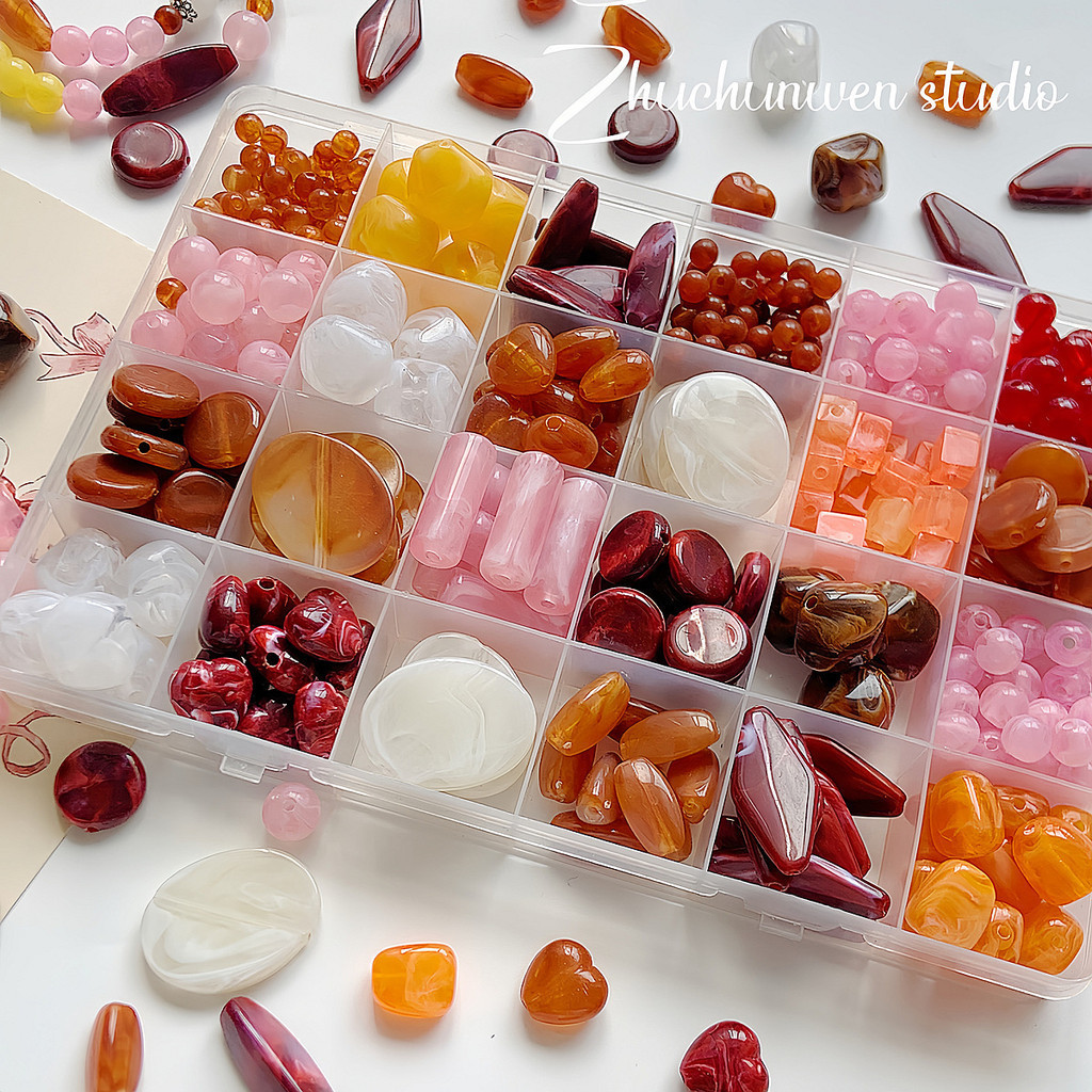 สไตล์วินเทจ [ใบไม้สีแดง] อะคริลิคเรซิ่นสีเหลืองอำพันลูกปัดหลวม DIY ลูกปัดทำด้วยมือวัสดุเครื่องประดับ hz1e