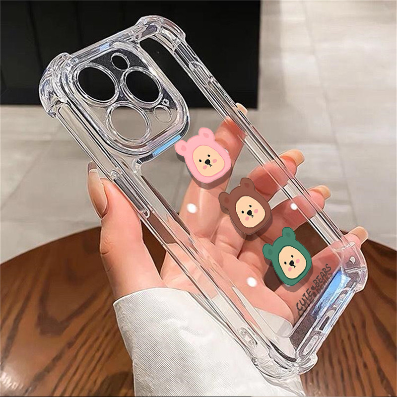 นุ่มน่ารักกันชนเคสโทรศัพท์เข้ากันได้สําหรับ IPhone 11 13 14 15 12 Pro 7+ 8 6S 6 Plus XS Max X XR กันกระแทกปลอกใส TPU ซิลิโคนหมีปก