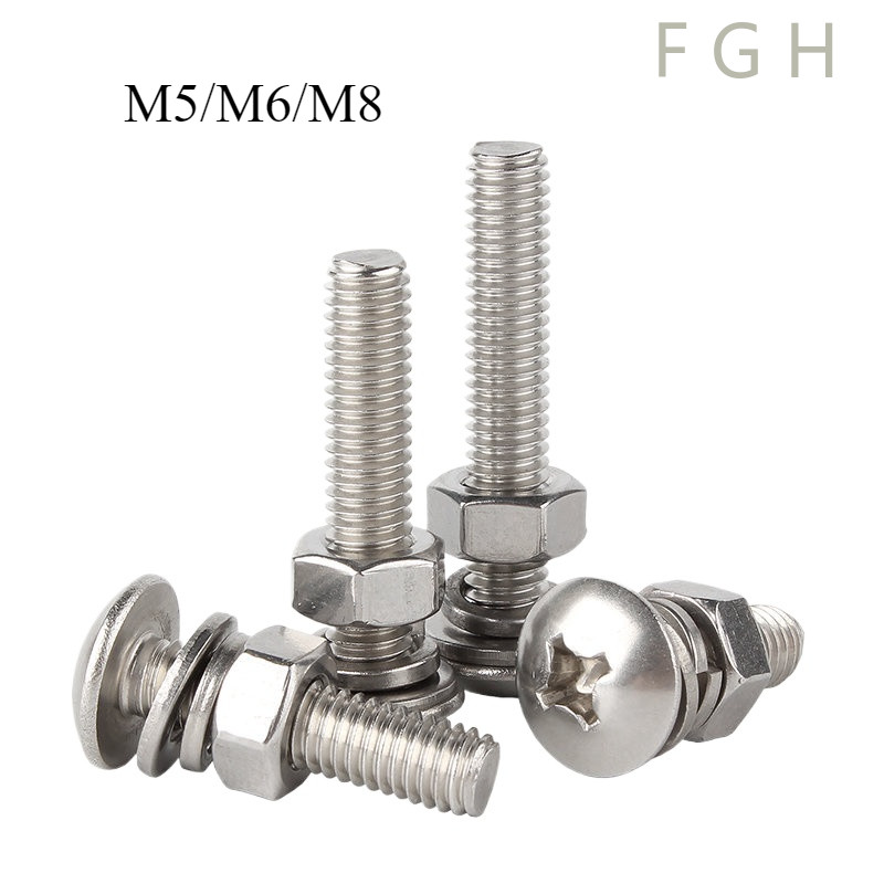 [FGHSY-2-y] M5/M6/M8 (ยกชุด)น็อต สกรู หัวร่ม หัวกระทะ แฉก T+ แหวน+สปริง+ตัวเมีย สเตนเลส 304 เกลียวมิล หยาบ / (Set) Truss Head Phillip Machine Screw SUS304