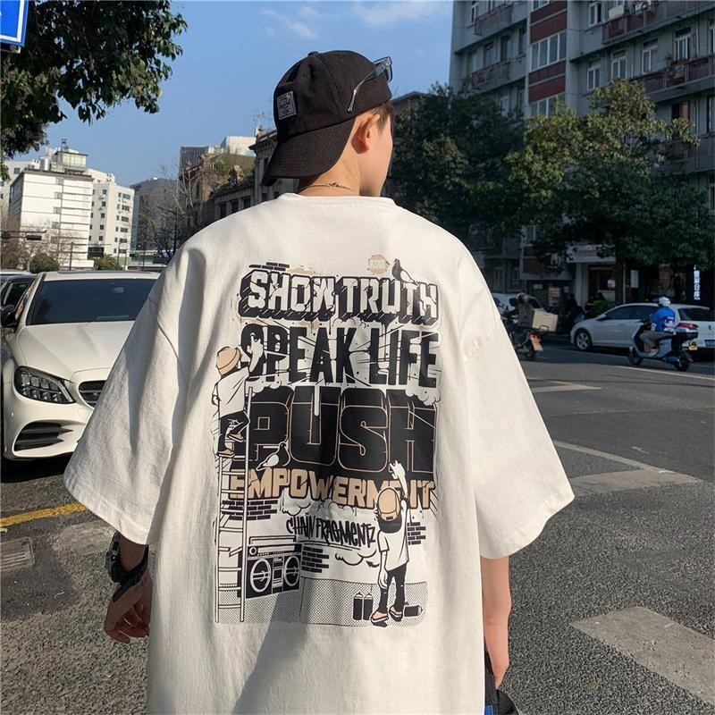 YT เสื้อยืดโอเวอร์ไซส์ อเมริกันสตรีทฮิปฮอปผ้าฝ้าย 100% สวมใส่สบาย เสื้อยืดคอกลม สไตล์เท่ๆ S-4XL