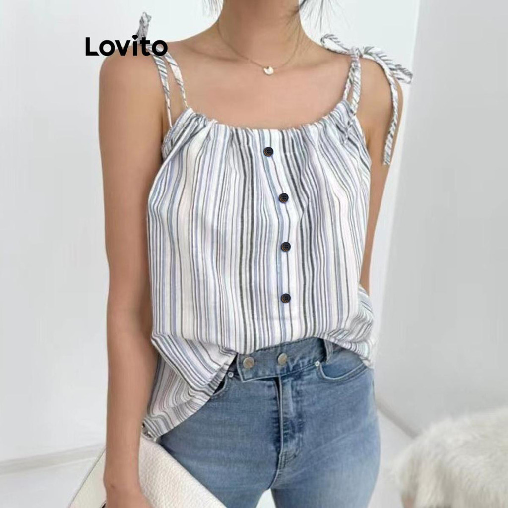 Lovito เสื้อสายเดี่ยวผู้หญิง กระดุมหน้า ลายทาง สไตล์ลำลอง LNE60261