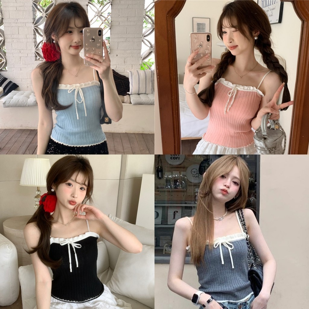 Evelyn เสื้อกล้าม เข้ารูป ผ้าถัก ผ้านิ่มเด้ง แต่งโบว์ ครอปกล้าม ใส่สบาย น่ารักมาก #4866