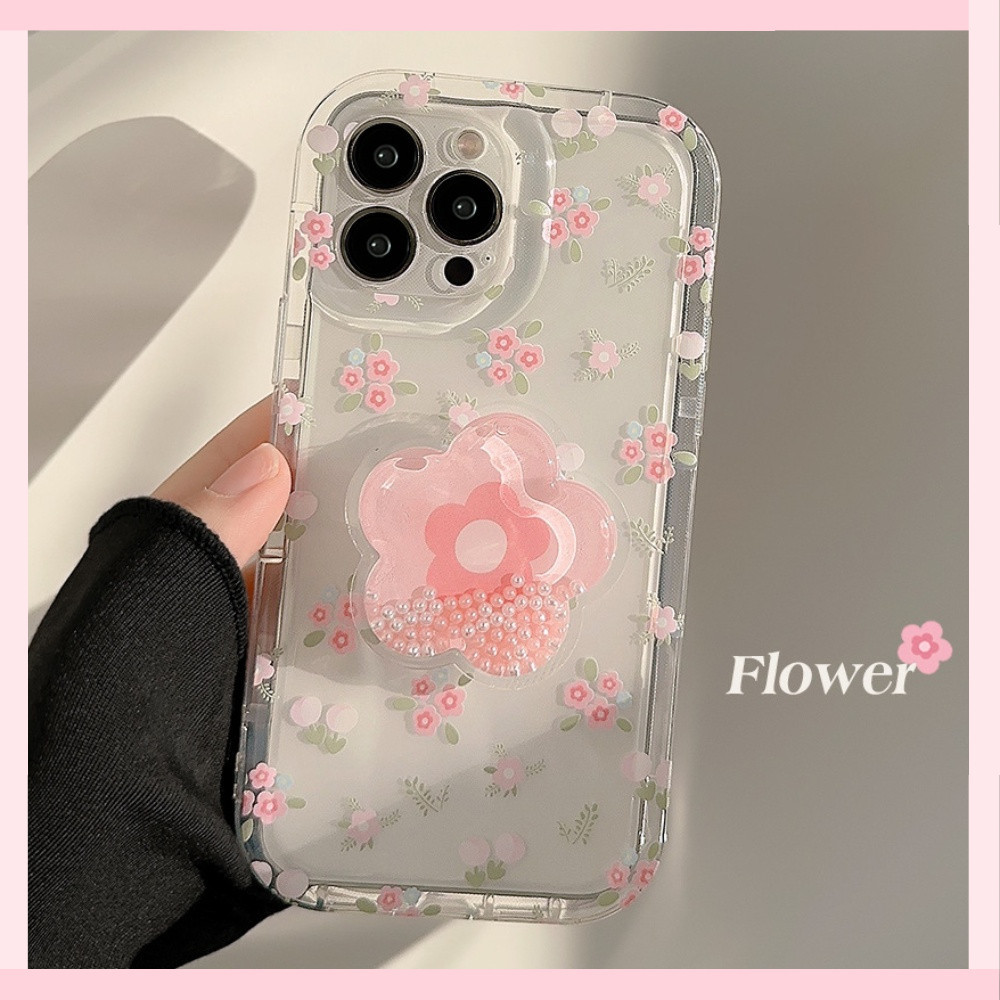 Girly ดอกไม้สีชมพู Quicksand Bracket เคสโทรศัพท์สําหรับ Iphone 11 15 14 13 12 Pro Max 14 15 Plus โปร่งใส Scratch Resistand ลายนิ้วมือโทรศัพท์นุ่มปกหลัง