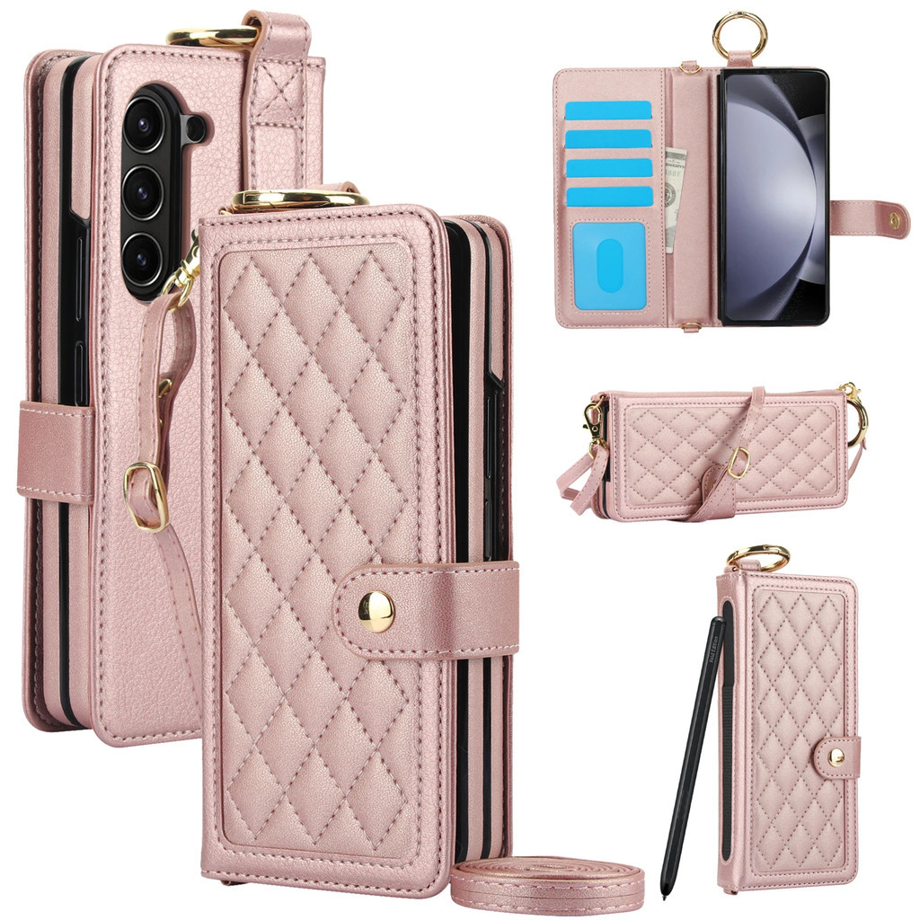 SAMSUNG การ์ดCrossbody Soltกระเป๋าสตางค์หนังแหวนสําหรับSamsung Galaxy Zพับ 7 6 5 4 3 5Gสายรัดข้อมือSผู้ถือปากกาฝาครอบ