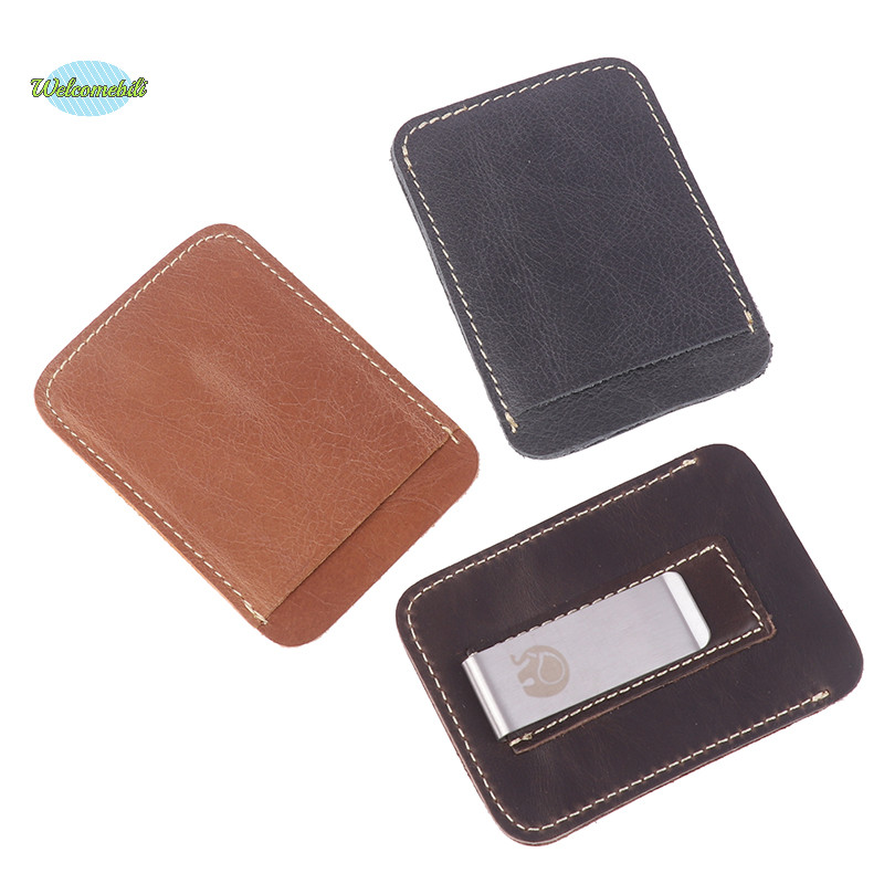 [Welcomebili] Thin Leather Money Clip Mini Wallet Men Credit Card Slot Slim Bills Metal Cash Clamp For Man Small Billfold Holder NEW