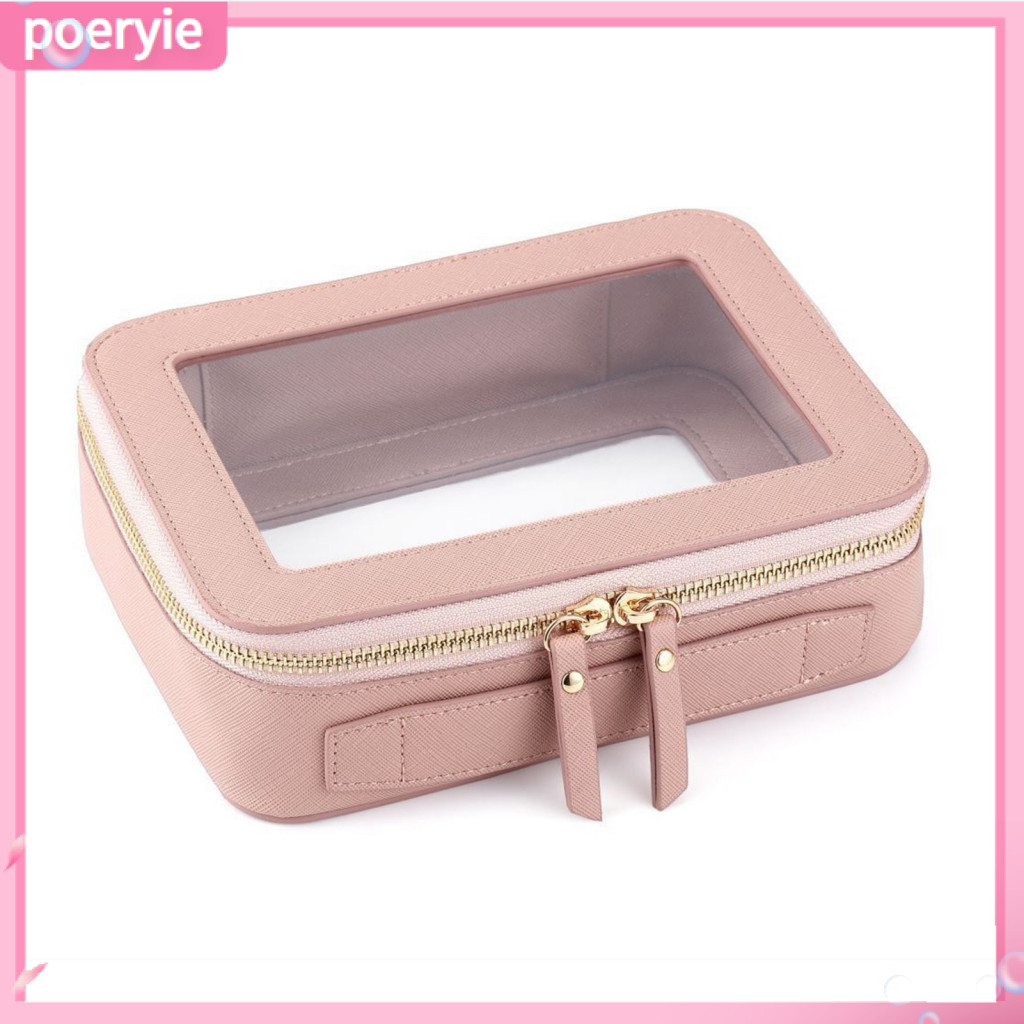 {poeryie} Compact Makeup Organizer กระเป๋าเครื่องสําอางหน้าต่างโปร่งใสความจุกระเป๋าเครื่องสําอางกันน้ําพร้อมซิปคู่ปิดแบบพกพากระเป๋าแต่งหน้าหนัง Faux สําหรับกลางแจ้งสําหรับผู้หญิง