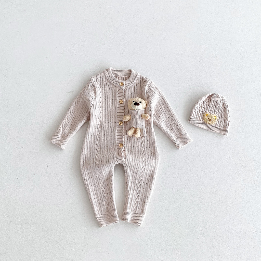 ฤดูใบไม้ร่วงฤดูหนาวทารก Apricot Pocket Bear Single-Breasted ถัก Jumpsuit + หมีถัก