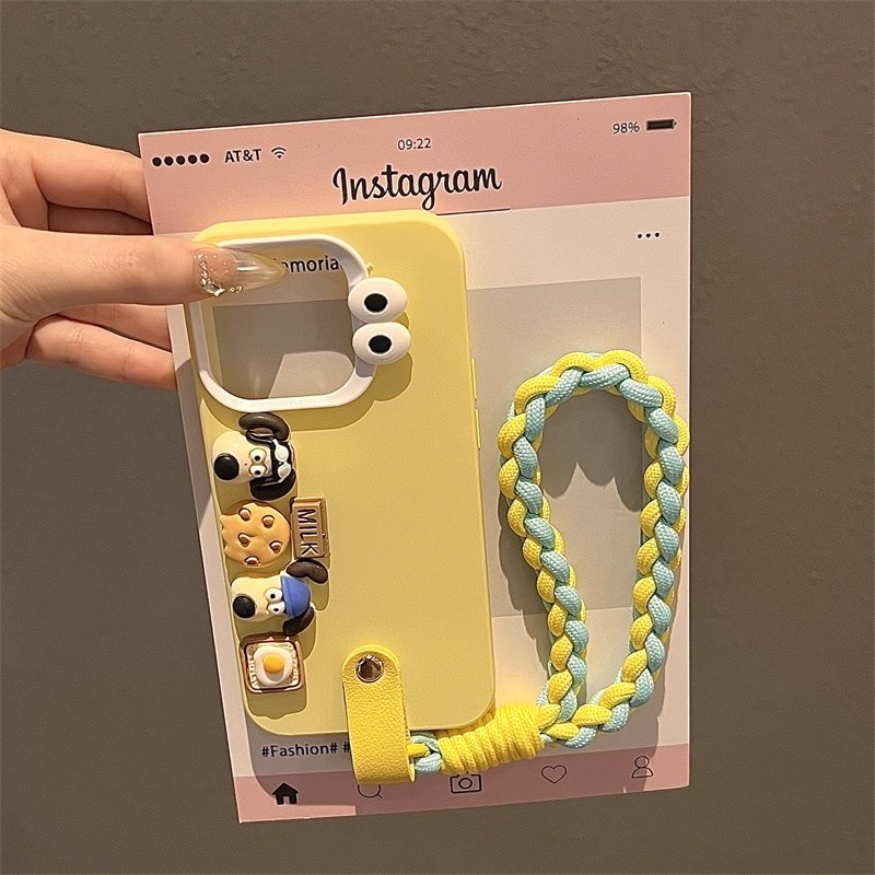 การ์ตูนสุนัขหลักสามมิติสีเหลือง + Lashcord เคสโทรศัพท์ซิลิโคนสําหรับ iPhone15 14 13 12 11 Pro Max IX SMAX XR XS กันกระแทกป้องกันกล้อง Liquid anti-drop ฝาหลังนุ่ม