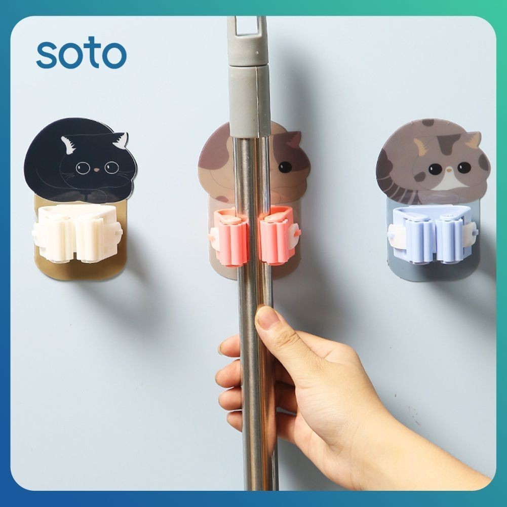 ♫ ตะขอติดผนัง Mop ผู้ถือกาวแมวน่ารัก Multi-Purpose Room ไม้แขวนเสื้อ Strong Hooks ห้องครัวห้องน้ำไม้กวาดคลิป