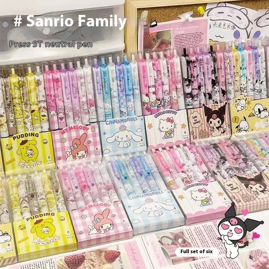 6pcs Sanrio Series Kuromi Hello Kitty Cinnamoroll Melody 0.5 มม.เติมปากกาเจลการ์ตูนกดปากกาสีดําสํานักงานโรงเรียนเครื่องเขียนอุปกรณ์