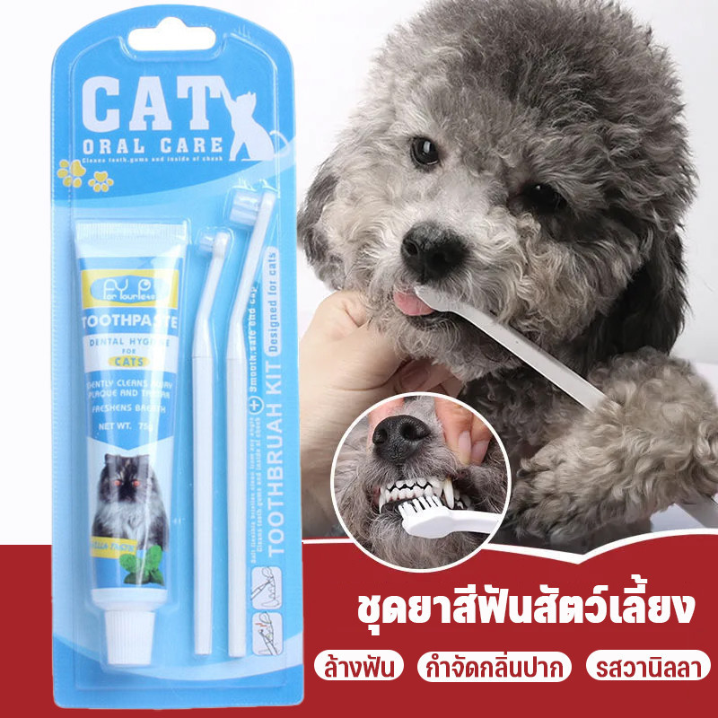 ชุดทำความสะอาดฟันแมว ชุดแปรงสีฟันสัตว์เลี้ยง ยาสีฟันแมว ยาสีฟันพร้อมแปรง ลดกลิ่นปาก ลดการสะสมของแบคทีเรีย