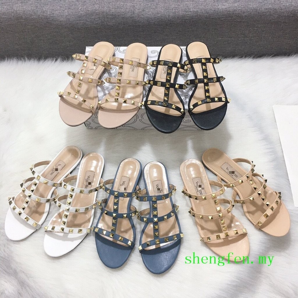 Rivet Valentino รองเท้าแตะส้นแบนสามสายรองเท้าแตะรองเท้าผู้หญิง 0819