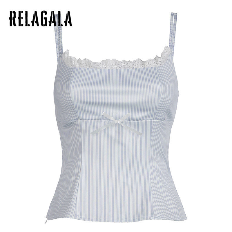 RelaGala ผู้หญิงแฟชั่นใหม่ Casual Simple Lace Splicing Bow เอว Striped Crop Top