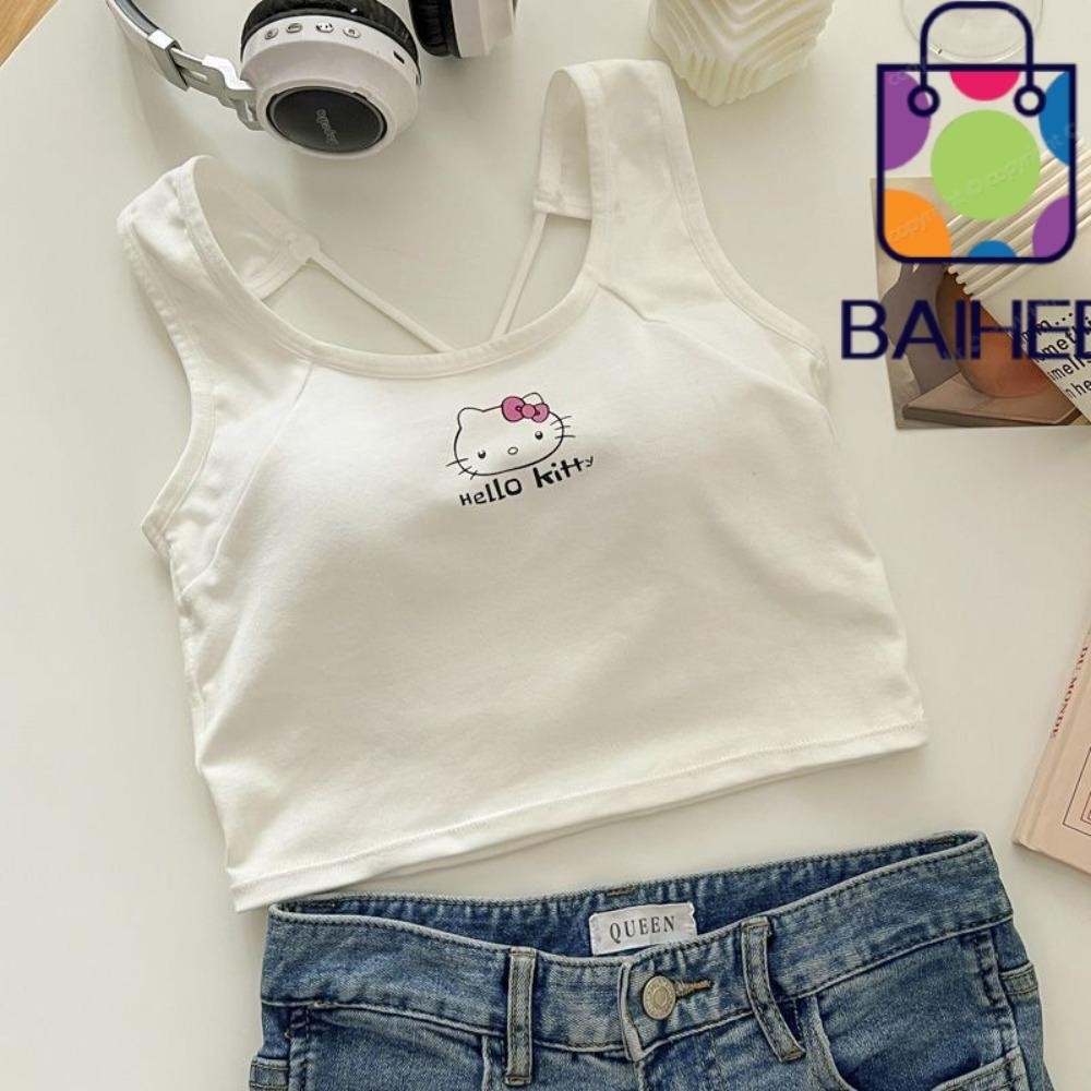 ไป๋เฮ่ เสื้อครอป,หนึ่งขนาดน่ารักเสื้อกล้าม,แฟชั่นสไตล์ระบายอากาศ สวัสดี คิตตี้ หญิงสลิงด้านบนผู้หญิง