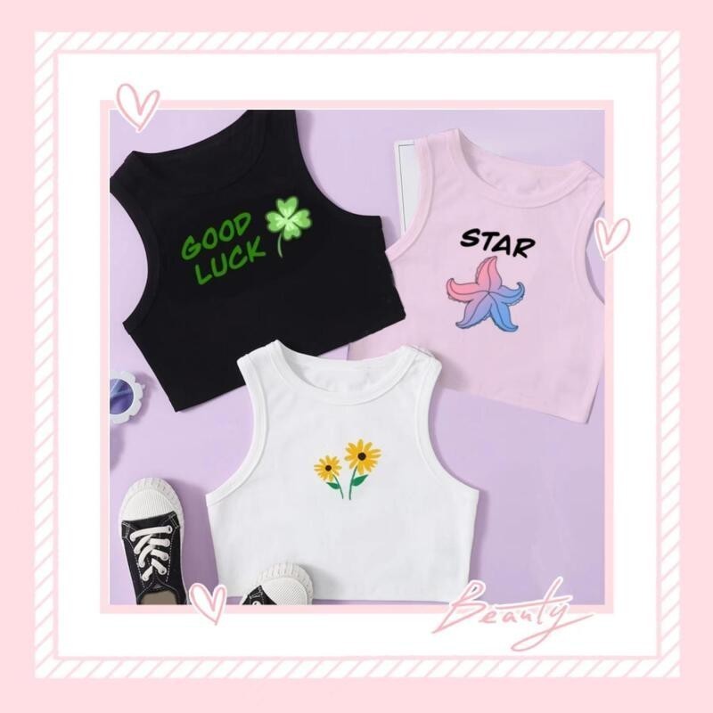 เสื้อครอปท็อป เด็กผู้หญิง สไตล์เกาหลี แขนสั้น คุณภาพดี พิมพ์ลายแใบโคลเวอร์สี่แฉก เสื้อกล้ามสำหรับเด็กผู้หญิง 3-12ปี
