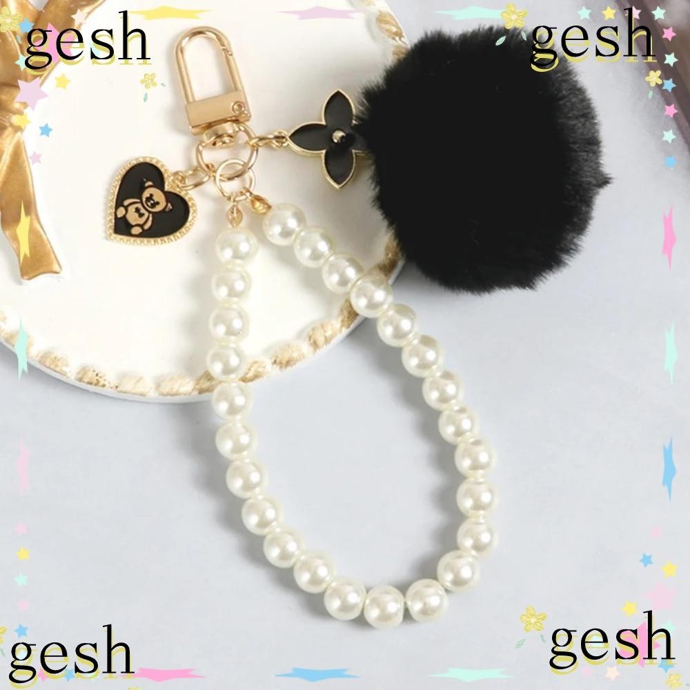 Gesh1 พวงกุญแจ Pompom, จี้ห้อยกระเป๋า Love Bear, อุปกรณ์สีชมพูสีดํา Pearl Car Key Holder