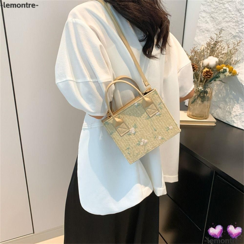 Lemontre กระเป๋าสะพายข้าง, กระเป๋าถือขนาดเล็กถักแฮนด์เมดสานหญ้า, กระเป๋าใส่โทรศัพท์โบฮีเมียนแบบพกพาแบบสบาย ๆ สําหรับผู้หญิงสาว