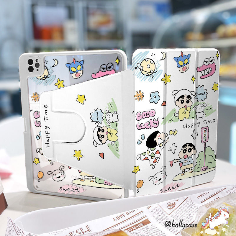 เคส Ipad 360 ° Rotationhappy Graffiti Crayon Shin-chann พร้อมผู้ถือปากกาเหมาะสําหรับอะคริลิค iPad Gen7/8/9 10.2 Gen5/6 9.7 Air4 Air5 10.9 Pro11 Gen10