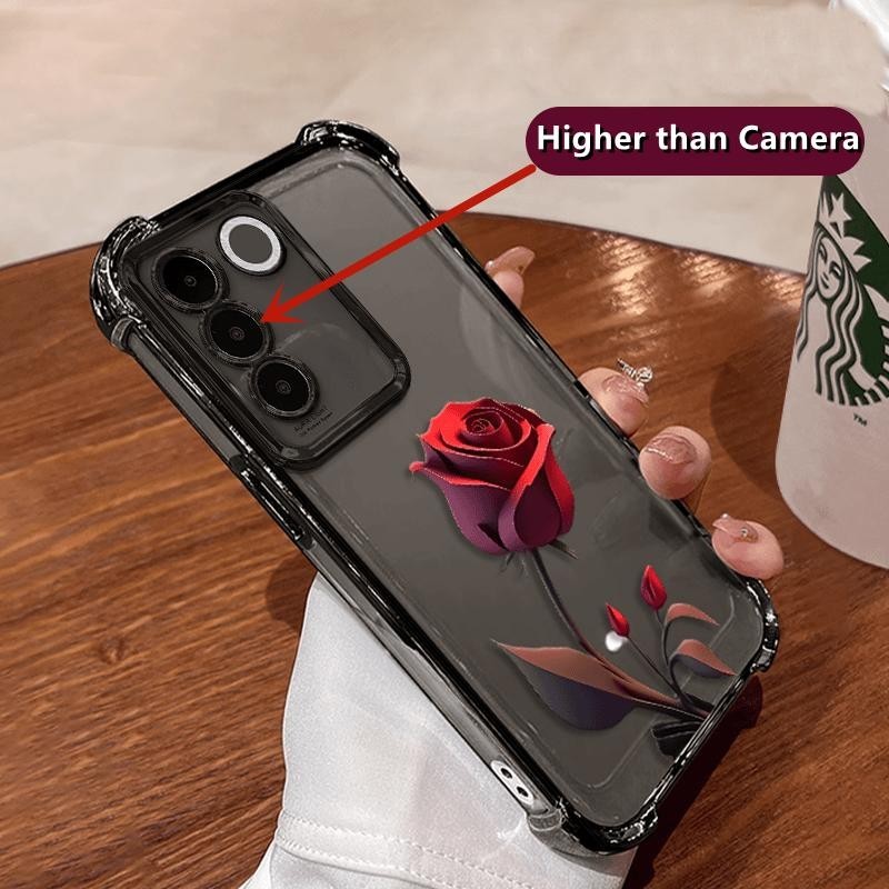 สําหรับvivo V30 V29 V27 5GกรณีVivo V30 V27 Proโปร่งใสJelly SoftสีแดงRoseกันกระแทกพร้อมกล้องเลนส์Protectorเคสโทรศัพท์หนาถุงลมนิรภัยพร้อมสายคล้องโทรศัพท์เชือกเส้นเล็ก