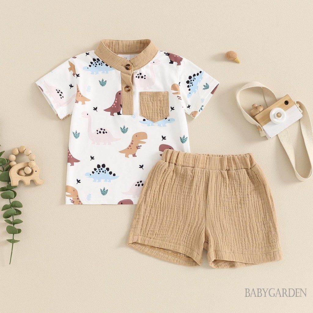 Baga-6month-4years เด็กทารกฤดูร้อน 2 ชิ้นชุดแขนสั้น Band Collar ไดโนเสาร์พิมพ์เสื้อ + กางเกงขาสั้นเสื้อผ้าสบายๆชุด