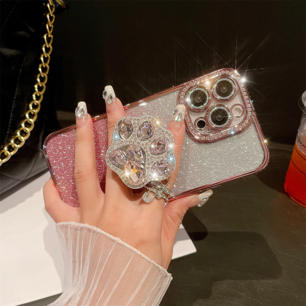 เพชร Cat Claw ขาตั้งเคสโทรศัพท์สําหรับ iPhone 16 11 12 13 14 15 pro max 16 15 plus เลนส์ป้องกันกล้อง TPU soft case เคสโทรศัพท์